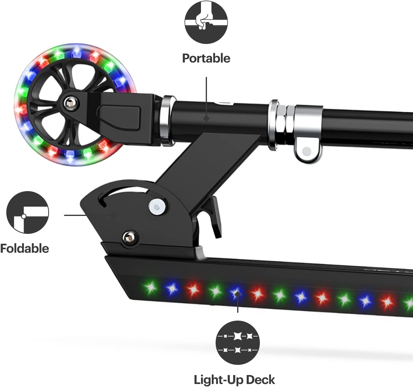 Jetson Jupiter Kids 2-Wheel Light-Up Kick Scooter, LED Lights on Handlebar, Stem, Wheels & Deck, Adjustable Handlebar, Rear Brake, Easy-Folding Mechanism, Ages 5+